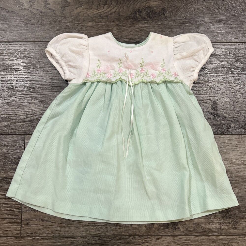 Vintage 90s Rare Editions Sea Foam Green Dress Lace Flowers - Girls 24 Months